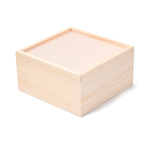 DICOSMETIC Pequeña caja de madera con tapa transparente, cuadrada, sin tratar, pequeñas cajas de regalo de madera, 15 x 15 x 9,5 cm, caja de artesanía de madera con ventana para guardar joyas