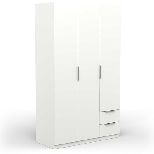 Demeyere 391368 Armadio Guardaroba Moderno con 3 Ante e 2 Cassetti 4 Nicchie, Colore Bianco Opaco, 119.4 x 51.1 x 203 cm, Legno Ingegnerizzato, Grigio