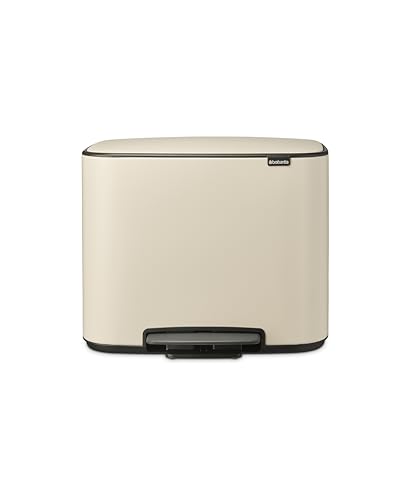 Brabantia - Bo Treiteimer 23+11L - Großer Abfalleimer für die Küche - Sanft Schließender Deckel - Doppereimer mit Entnehmbarem Inneneimer - Inklusive Müllbeutel - Soft Beige - 54 x 37 x 44 cm