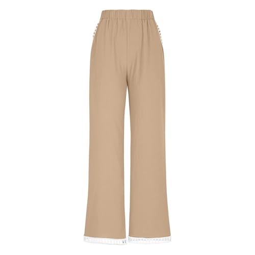 Image of Linen Pants Women Petite Straight Leg Pants Summer Beach High Waisted Pant Vacation Wide Leg Trousers with Pockets