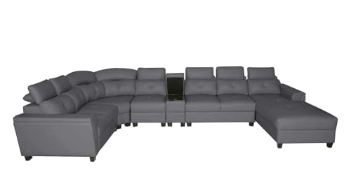 Image of Torque Arnold Fabric 8 Seater Sofa with Lounger and Cup Holder Dark Grey | Corner Sofa Couch with Moveable Headrest | U Shape Sectional Sofa Set Living Room Office Home