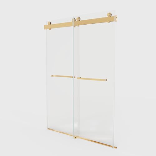 Image of Findepot 56-60 inch W x 76 inch H Frameless Double Sliding Soft-Close Glass Shower Doors with 3 /8 inch(10mm) SGCC Clear Tempered Glass, Brushed Gold