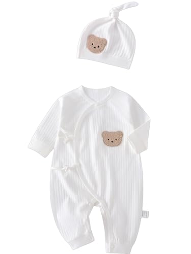 Baby Ribbed Romper and Hat Set with Bear Applique
