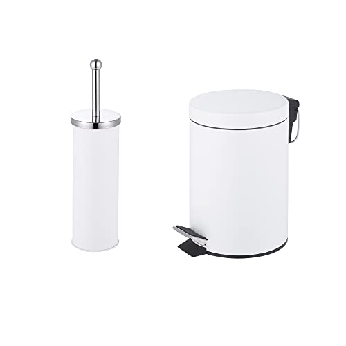 iTrend 3L Pedal Dustbin and Toilet Brush with Holder set - Bathroom Accessory - Powder Coated Steel Bin with lid - Toilet Brush with Stainless Steel Handle, Round Lid and Dense Bristles - White