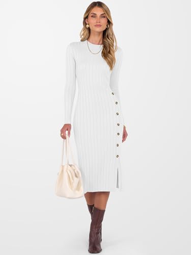 ANRABESS Womens 2025 Fall Long Sleeve Midi Dress Ribbed Knit Bodycon Fitted Button Down Wedding Guest Slit Sweater Dresses