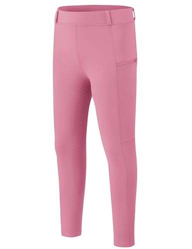 MoFiz Girls Horse Riding Pants Summer with Zipper Pockets High Waist Kids Stretchy Equestrian Breeches Youth Schooling Tights Pink Large