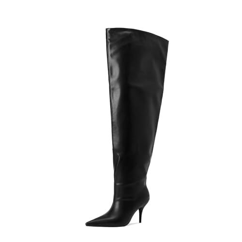 Women's Wide Calf Thigh High Heeled Boots Stiletto Cone Heel Boots Pointed Toe Pull On Black Boot Heels for Women