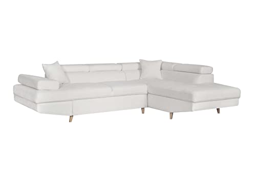LOUNGITUDE - Canapé d'angle Convertible avec Coffre Pieds Bois en Tissu bouclettes Blanc