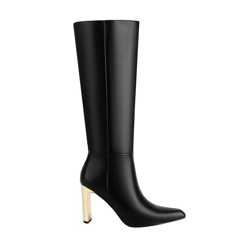 Mofirdast Black Knee High Boots With Pointed Toe Block Heel and Side Zip Heeled Boots,Classic and Sexy2