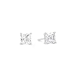 Kezef Sterling Silver Stud Earrings for Women and Men, Square Princess Cut CZ Cubic Zirconia in 925 Silver Basket Setting, 5mm