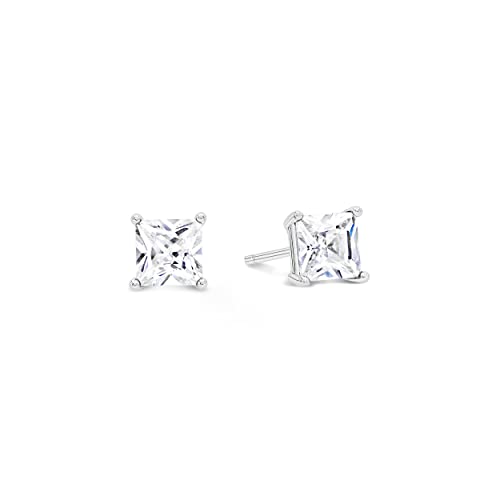 Kezef Sterling Silver Stud Earrings for Women and Men, Square Princess Cut CZ Cubic Zirconia in 925 Silver Basket Setting, 5mm
