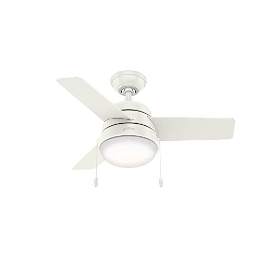 Hunter 36 inch Small Indoor Ceiling Fan with LED Light and Pull Chain - Modern Ceiling Fan, Standard Mount, 3 Blades, For Bedroom, Home Office, or Laundry Room, Quiet - Aker 59301, Fresh White