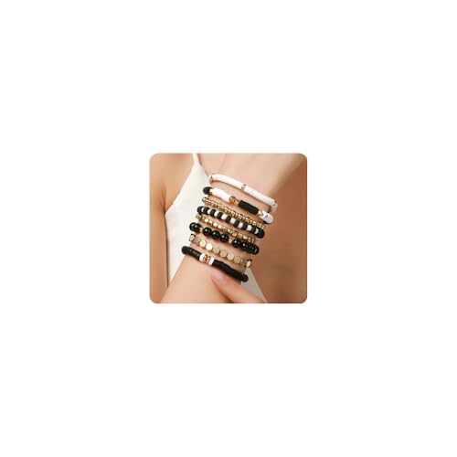 Image of Sither Heishi Clay Bead Bracelets Pack for Women Boho Friendship Stretch Bracelets Set Stackable Gold Beaded Bracelets Jewelry for Gift (black)