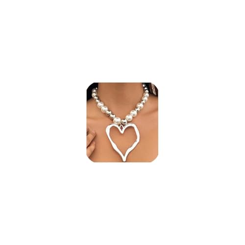 Y2k Large Heart Necklaces for Women Chunky Love Pearl Ball Beads Choker Necklaces Exaggerated Big Hollow Heart Pendant Necklace Statement Jewelry Gifts