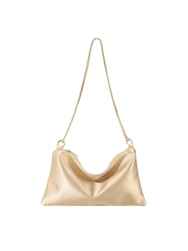 OYOANGLE Women's Metallic Chain Shoulder Bag Satin Evening Purse Tote Bags Zipper Formal Clutch Handbags Gold One-Size