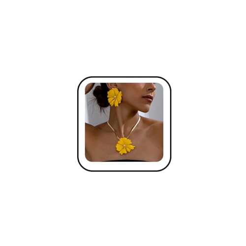 Vintage Flower Necklace Earring Set Gold Snake Chain Necklace Bohemian Red Flowers Choker Necklaces Hypoallergenic Statement Flower Stud Earrings Elegant Bridal Wedding Summer Beach Jewelry (Yellow)