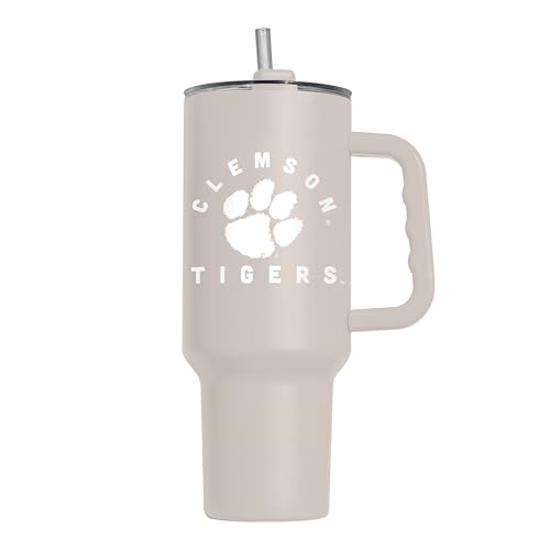 Image of Logo Brands NCAA Clemson Tigers Sand 40 oz Tumbler with Handle - Stylish Everyday Use Powder Coated-Stainless Steel with Straw- Keeps Cold For Hours