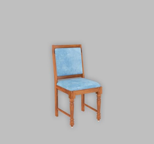 Image of MoonWooden Solid Sheesham 5-Piece Wooden Dining Set with Carved Back Chairs, Sheesham Wood Table and 4 Sky Blue Cushioned Chairs, Natural Finish