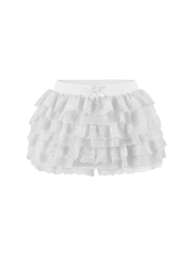 Image of Women Y2K Lace Multi-Layered Bloomers Lolita Ruffle Shorts Cute Mini Skirt | Tiered layers, elastic waist, pumpkin pants, for rave party /country concert /festival