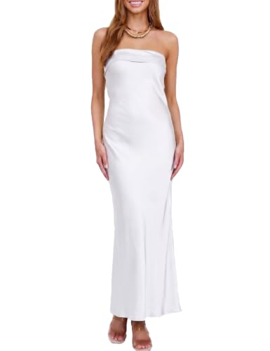Image of Realtix Summer Satin Strapless Backless Maxi Dress for Women Wedding Guest