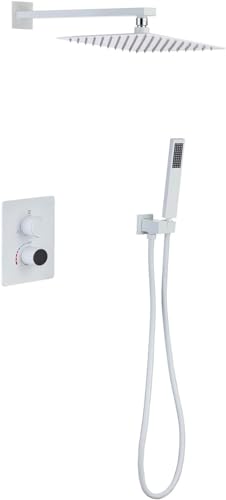 GLJTUO Shower System Digital Display Shower Faucet Set Concealed Shower Mixer Set with Brass Hand Shower and 25×25 cm Rainfall Shower Head Advanced Air Injection Technology Easy,Matt White