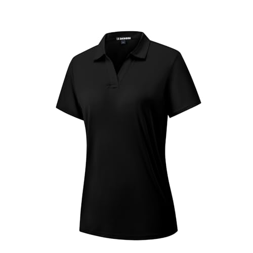 Poloshirt Damen Kurzarm UPF 50+ Leichtgewichtiger Sommer Sonnenschutz Shirt V-Neck Elegante UV Tshirt Basic Polohemd Sommer Top Schnell Trocknende Golfen Tennis Sport Shirt (BK XL)