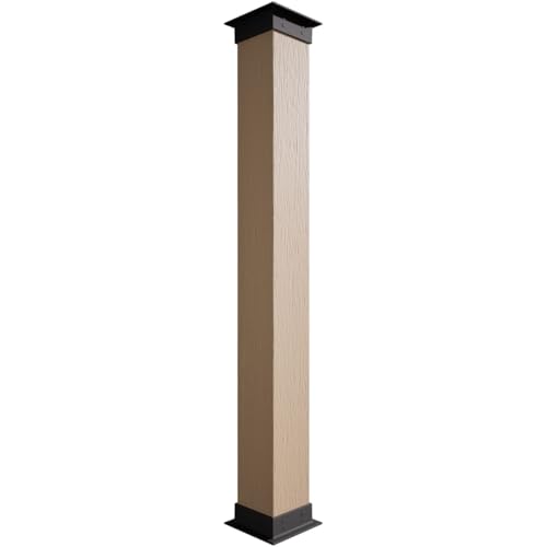 Ekena Millwork COLURS06X048IRUF Rough Sawn Endurathane Faux Wood Non-Tapered Square Column Wrap w/Faux Iron Capital & Base Rustic Columns, 6"W x 4'H