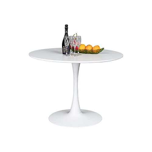 HOMYLIN Table de Salle à Manger Blanche Table de Cuisine Ronde Finition avec Tube en Acier Brillant et Base 80cm x 73cm de Haut Convient pour 2-4 Places