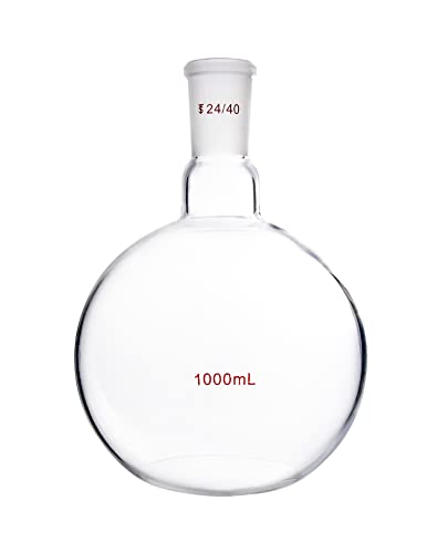 QWORK Glass 1000ml Single Neck Flat Bottom Boiling Flask, Heavy Wall Distillation Receiving Apparatus with 24/40 Standard Joint, Taper Outer Joint Lab Glassware, 1000ML