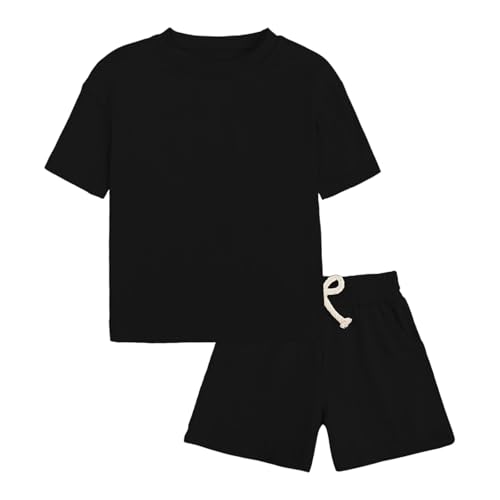ROMPERINBOX 幼児 男の子 夏服 2T 3T 4T トラックスーツ 無地 2ピース 半袖 Tシャツ & ショーツ 洋服セット, ブラック, 2-3Tの商品画像（Amazon）