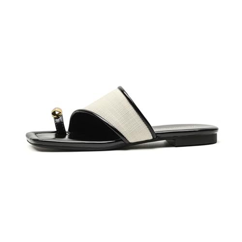 Womens Canvas Metal Toe Ring Memory Foam Dress Slippers Fashionable Comfortable Square Open Toe Flat Clip Toe Slides Sandals Casual Summer Vacation Party Slipper