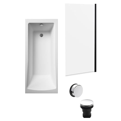 Image of Balterley 1700 x 700mm Square Shower Bath with Leg Set, Black Rectangular Shower Screen & Chrome Waste, Straight Single Ended Gloss White Soaking Bathtubs, Acrylic Baths, Rectangular Bathtub