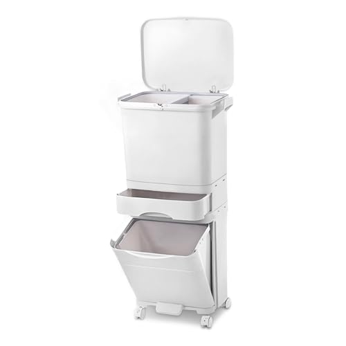 Genérico Cubo de basura de cocina de 42 L con 3 compartimentos, cubo de reciclaje grande de pp, sistemas de separación de residuos, cubo de basura con pedal, tapa con ruedas y asa para cocina