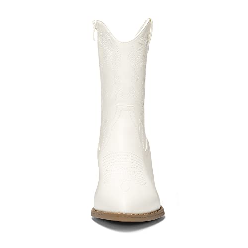 DREAM PAIRS Women's Cowboy Boots, Pointed Toe Chunky Heel Cowgirl Boots, Zipper Pull-On Stitched Western Boots Ankle Boots for Ladies,Size 8,White,SDAB2219W