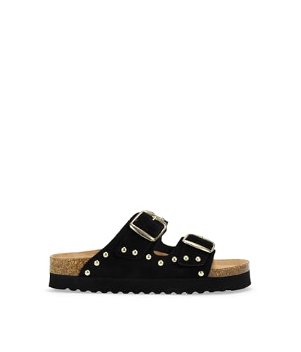 BOSANOVA Sandalias Estilo Pala para Mujer en Serraje Piel con Dos Tiras con Hebillas y Tachuelas metálicas. Suela Bio de Corcho y Goma eva. Calzado para Mujer Negro 38