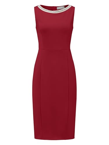 Image of Hobemty Women's Boat Neck Sheath Dresses Sleeveless Work Rhinestone Dress