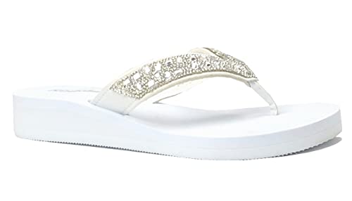 Image of REDVOLUTION New Women's Rhinestone Sandals High | Low Platform T-Strap Jewel Sandals High Wedge Flip Flops