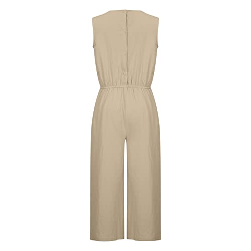 Cotton Linen Jumpsuits Women Sleeveless Wide Leg Jumpsuits with Pockets Casual Crew Neck Tank Top One Piece Palazzo Playsuit Solid Color Summer Romper Loose Fit Overalls Workwear S-5XL - Image 3