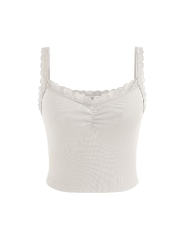CIDER Recycled Fabric Solid Lace Trim Crop Tank Top: White