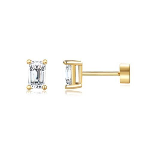 Dainty Flat Back Stud Earrings for Women 14K Gold Plated CZ Small Flatback Stud Earrings, Hypoallergenic Cartilage Tragus Piercing Screw Back Earrings for Women Trendy Gold Jewelry