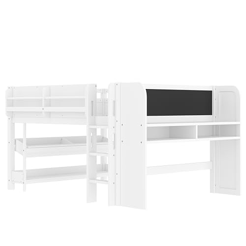 Image of Full Loft Bed with Multi-Storage Bookcases, Boxes and Drawers, Solid Wood Low Loft Beds with Desk and Blackboard, No Box Spring Needed (White-02)