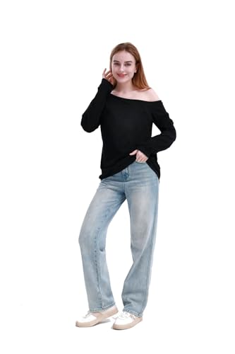 Image of MAGICMK Woman's Sweatershirt Lips Print Causal Blouse Off The Shoulder Long Sleeve Loose Slouchy Pullover Plus Size Tops