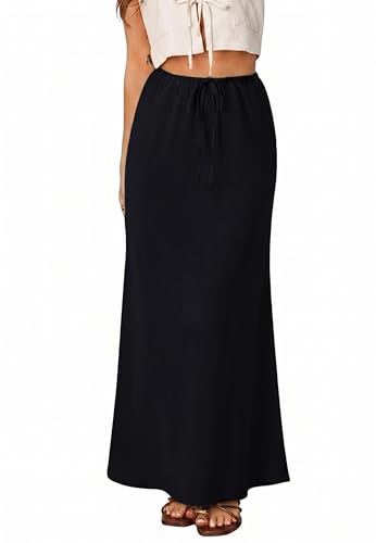 REORIA Damen Rock Maxi Hohe Taille A-Linien Hosenrock Damen Langer Trachtenrock Elegant Midiröcke mit Elastischem Bund Schwarz M