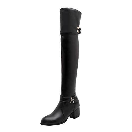 VULTRO Women's Over The Knee High Boots Round Toe Buckle Chunky Heel Thigh High Long Boots