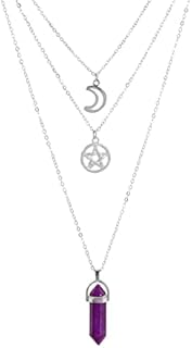 3PCS Moon Pentagram Necklaces for Women Crystal Necklaces Multi Layer Amethyst Crystal Necklac Gothic Jewellery Crystal Necklace Crystal Necklace Pendant Healing Crystal Necklace for Anniversary Day