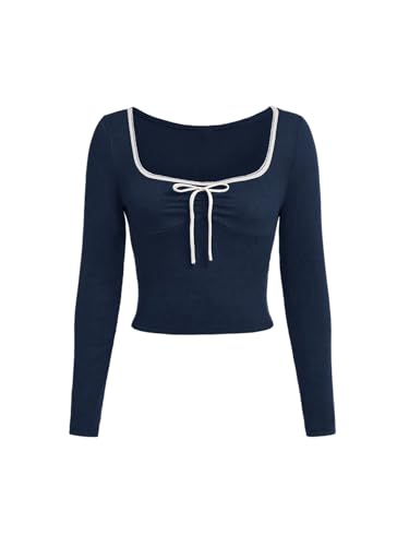 SweatyRocks Girl's Long Sleeve Crop Tops Bow Square Neck Pullover Ruched Shirt Slim Fit Going Out Top