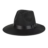 OHEETU Klassische schwarze Fedora-Hut mit breiter Krempe, Filz, Panama-Jazz-Derby-Mütze mit verstellbarem Band, für Damen und Herren (56–59 cm)