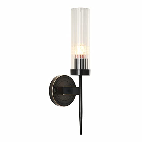 Image of BOKT Mid-Century Modern Bathroom Sconces Wall Lighting Vintage Black Vanity Wall Lamp Clear Cylinder Glass Wall Sconce Industrial Slim Wall Sconce Lamp