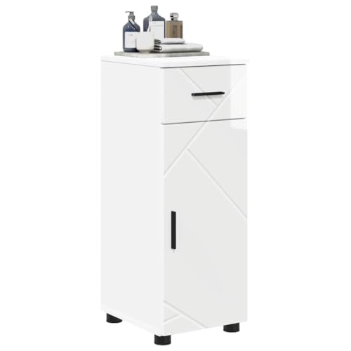 Armario de baño moderno blanco brillante para organizar tu aseo con cajón y estante de madera 4