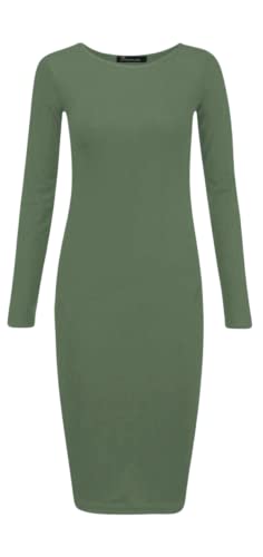Crazy Fashion Womens Plain and Printed Long Sleeve Round Neck Stretch Jersey Bodycon Ladies Dress Midi All Season Solid Color Casual Dresses for Women Khaki 16-18